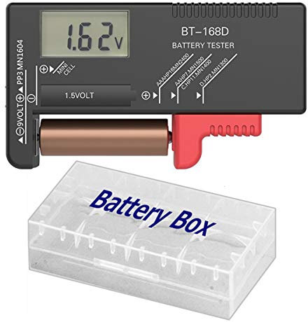 Comprobador de batería con organizador de batería 18650, funda de almacenamiento, compatible con pilas AA, AAA, D, C, 9 V, y probador de pilas de botón y caja de batería 18650