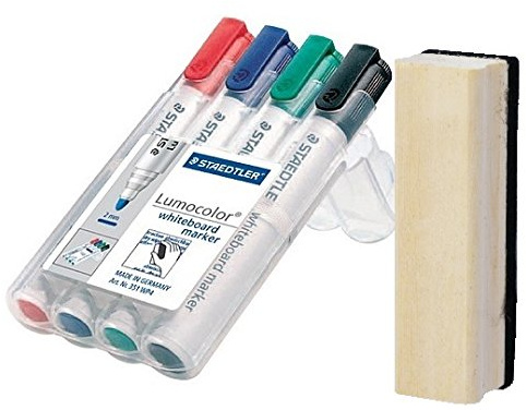 STAEDTLER 351 WP4 Lumocolor Whiteboardmarker, 4 Stück in aufstellbarer Box, farblich Sortiert im Bonus Pack mit blauem Löscher (1, Stifte + Löscher Holz)