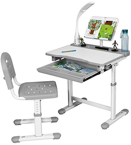 DREAMADE höhenverstellbarer Kinderschreibtisch mit Lampe & Bücherständer, Schülerschreibtisch Jugendschreibtisch neigungsverstellbar, Schreibtisch Set für Kinder mit Stuhl und Schublade (Grau)