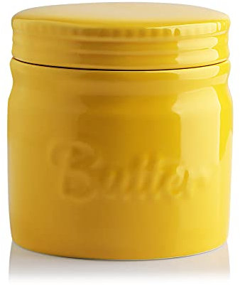 Sweejar Porcelain Butter Keeper Crock, French Dish With Water Line, Ceramic Container for Soft Butter (Yellow)