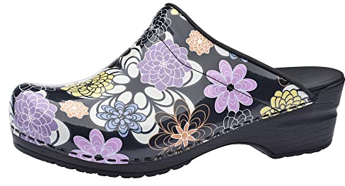Sanita | Inalo offener Clog, Lackleder | Original handgemacht | Flexible Leder-Clogs für Damen | Anatomisch geformtes Fußbett mit weichem Schaum | Schwarz | 42