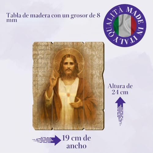 Fratelli Bonella, Bild des Heiligen Herzens Jesu, Vintage-Stil, Pappelholz, Dicke 8 mm, religiöses Schlafzimmer, 19 x 24 cm, 100 % Made in Italy