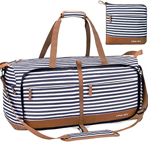 Lekesky Reisetasche Damen 80L Faltbare Reisetasche Weekender Sporttasche mit Schuhfach, wasserdichte Handgepäck Tasche/Sporttasche/Krankenhaustasche (Blau Gestreift)