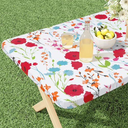 misaya Rectangle Vinyl Tablecloth, Fitted Table Cover, 100% Waterproof, Elastic Edge, Flannel Backing, Plastic Table Cloth Fit 4 Foot Folding Tables for Easter, Picnic, Outdoor (Flowers, 30x48 inch)