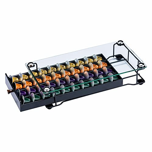 ZCDCP Coffee Pod Holder, Black Nespresso Original Pod Holder, Coffee Capsule Storage Drawer with Crystal Tempered Glass Top, 40 Pods