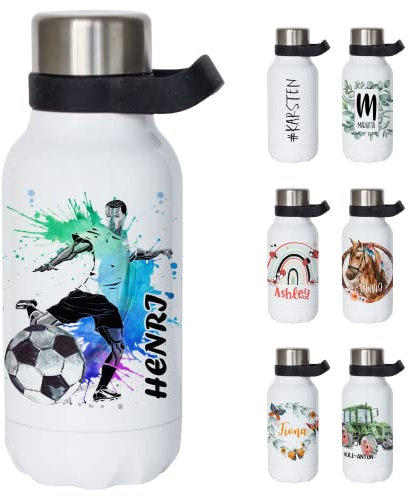 GRAZDesign Thermosflasche mit Henkel | Fußballer | Trinkflasche personalisiert mit Namen, auslaufsicher, Wasserflasche BPA-frei, Edelstahl, Kohlensäure geeignet 380ml