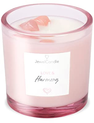 JuwelKerze Edelstein Kerze Love & Harmony - 60 Std - Mit Rose Quartz Stein - Große Duftkerze Mit Blumigem Duft - Kristall Deko - Geschenke für Frauen, Geburtstag