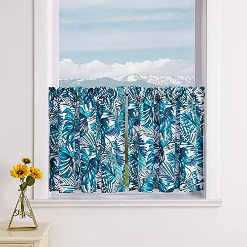 Delien 2er Set Scheibengardinen Landhaus Bistrogardine Blickdicht Küchengardinen Modern »Bananenblätter« Klein Fenster Kurz Vorhang für Badezimmer mit Tunnelzug BxH 90x60cm,Blau