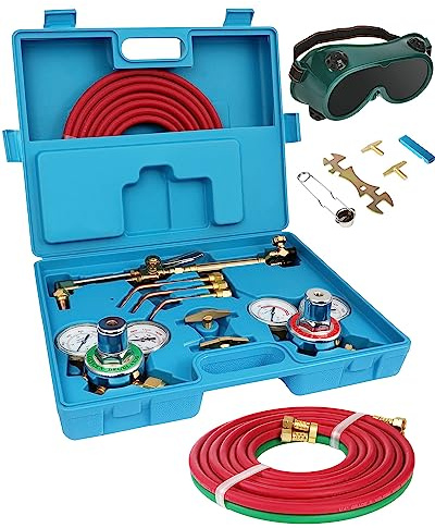 Oxy Kit torche à acétylène avec kit de coupe à oxygène et torche de soudage professionnel portable avec jauges régulateurs, lunettes, deux tuyaux et étui bleu