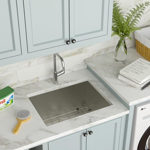 Couoko 21 Inch Undermount Laundry Sink Utility 16 Gauge Stainless Steel Single Bowl 12 Inch Deep Under Counter Handmade Kitchen Sink Basin 21x18x12