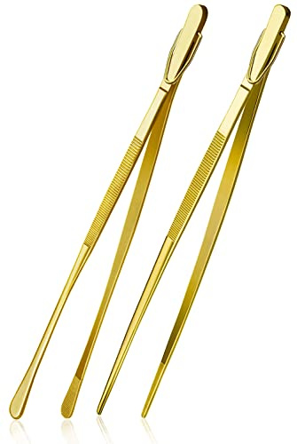 HINMAY 2 Pcs 12-Inch Cooking Tweezers Stainless Steel, Straight Food Tweezers, Professional Kitchen Tweezers for Cooking Repairing and BBQ (Gold)