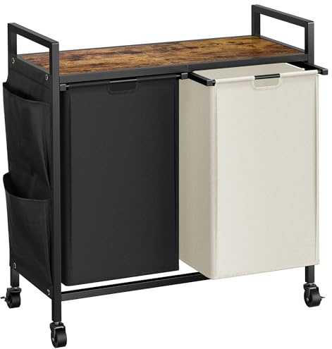 WOWLIVE Panier à linge double avec couvercle, panier à linge à roulettes, trieur à linge en fer avec étagère supérieure et 2 sacs amovibles, grand rangement pour chambre, noir et beige