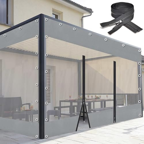 Outdoor Transparente Vorhänge Schwere,1x1m,1x2m,2x2m Wasserdichte Vorhänge,Pvc Wasserdichte Planenplatte Mit Reissverschluss,Grau,Wetterfeste Vorhänge Für Gazebo,Gartenmöbel,LxW-7.5x3m/24.6x9.8ft