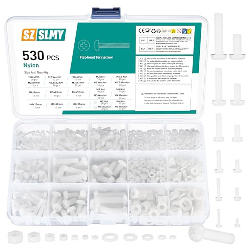 Nylon Bolts and Nuts Set, 530 Pcs Flat Round Head Hexagon Screws and Washers, White Machine Bolts for Electrical Mechanical - M2/M2.5/M3/M4/M5/M6