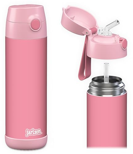 Jarlson® Gourde Enfant CHARLI [500ml] Bouteille Isotherme Anti Fuite avec Paille pour Garçons & Filles - Sans BPA & Phthalates - Gourde Inox pour École, Maternelle & Sport (Rose)
