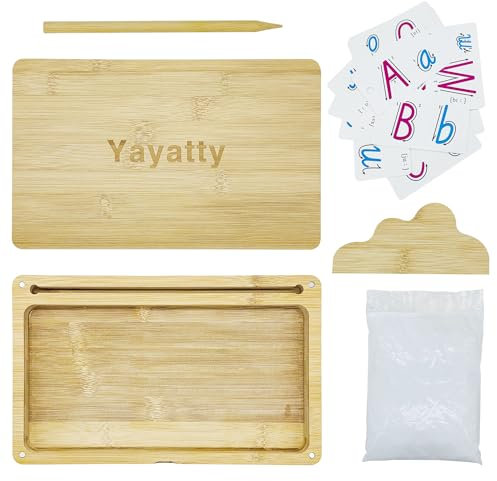 Yayatty Bacs à Sable en Bois Montessori Bac à Sable avec Couvercle für Kinder, Table de Sable Educative Jouet avec Sable, Stylo, Carte pour Les Enfants Ecriture Lettres et Chiffres, Dessin, Blanc