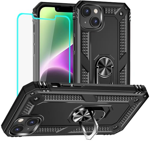 Yiakeng for iPhone 14 Case with Screen Protector: Military Grade Protective Cases with Ring Holder Kickstand for - iPhone 14 (Black)
