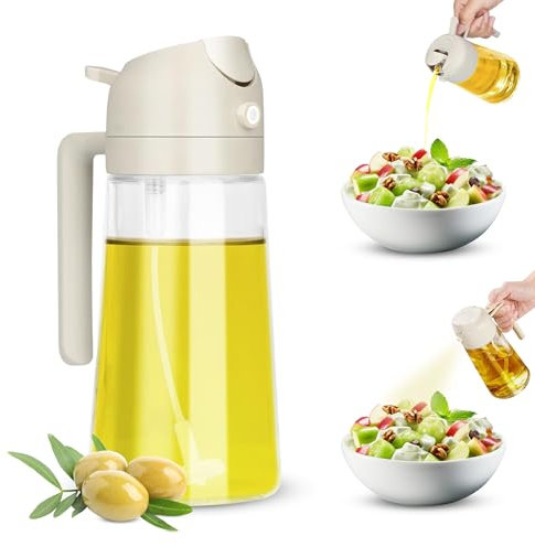 DUEXSO | Aceitera Spray Pulverizador Antigoteo para cocinar con menos grasa y ahorrar aceite | Dispensador de Vidrio 470ml para Cocina Gourmet o Casera - Freidora de aire, plancha y ensaladas (Beige)