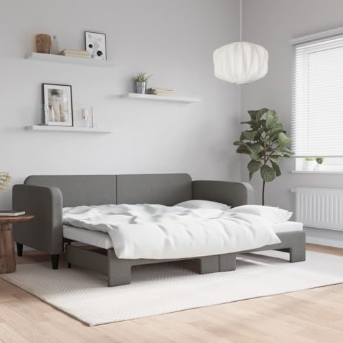 Gecheer Tagesbett Ausziehbar Sofabett Gästebett Schlafsofa Jugendbett Schlafcouch Sofa Bett Bettsofa Holzbett Bettgestelle mit Lattenrost Ausziehbett Dunkelgrau 90x200 cm Stoff