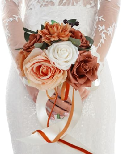 iSpchen Braut Hochzeitsblumenstrauß Künstlicher Rosenstrauß Hochzeit Bouquet Künstlicher Brautstrauß für Hochzeit Feiern rautjungfern-Party-Garten-Hochzeitsstrauß,schmutziges Orange
