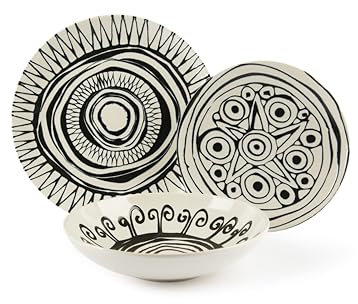 Excelsa Tribal Tafelservice 12-teilig, Keramik, Set für 4 Personen, weiß mit schwarzem Reliefdekor