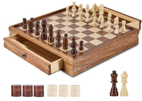VEVOR Solid Wood Chess Set, 15 inch 2-in-1 Chess Checkers Game Set, Chess Board Games with Storage Drawer & Weighted Chess Checkers Pieces & 2 Queens, Christmas Crafts Xmas Gift