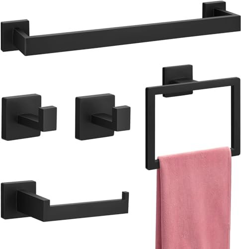 5pcs Matte Black Bathroom Accessories Set, Maypott 16 Inch Wall Mounted Towel Rail Hardware Set, SUS304 Stainless Steel Bath Towel Bar, Toilet Roll Holder,Towel Racks for Bathroom Toilet Paper Holder