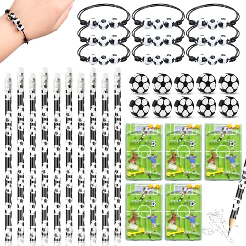 Ezydka 40 Stück Mitgebsel Fussball Set 10 Fußball Bleistifte 10 Radiergummi Fussball 10 Armbänder 10 Fußball Flipperspiel für Give Aways Geschenk