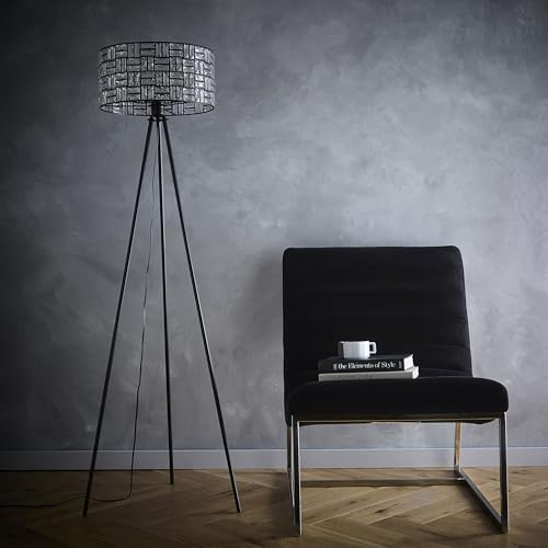 K LIVING Bronx Black Modern Floor Tripod Lamp with Acrylic Glass Drum Shade | Decorative Acrylic Panels | Sleek Black Metal Base | Unique Lighting Patterns