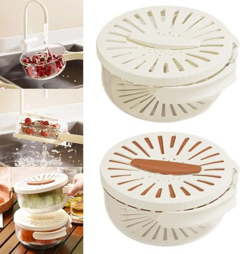 2 cuencos multifuncionales para lavar frutas y verduras, cuenco multifuncional para lavar frutas, cesta de drenaje con mango plegable, caja de almacenamiento para cocina, refrigerador, caja de