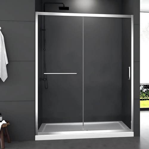 Afaoel Quick Installation Shower Door, Full Frame Sliding Shower Door, 60 x 74, Tempered Glass, SGCC Certified Transparent Tempered Glass Door Explosion Proof Film