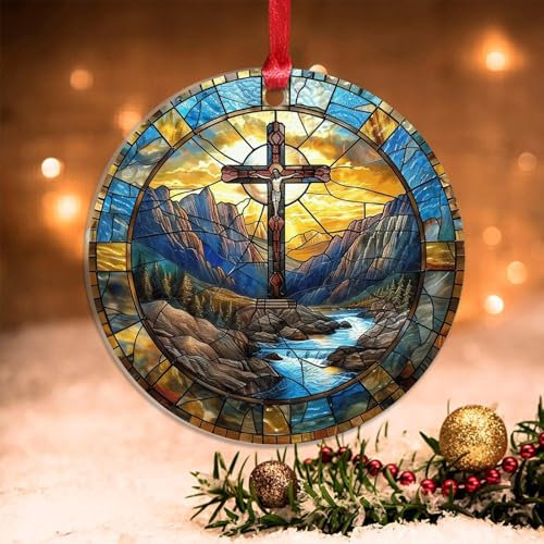 Christentum, Religion, christliches Jesus, Kirche, Kreuz, Buntglas, dekorativ, rund, Acryl, Weihnachtsschmuck für Weihnachtsbaum, hängende Kugeln, Andenken, Feiertage, Ornamente, Neujahrssouvenir