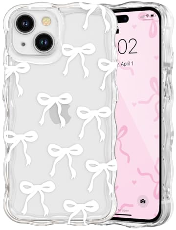 QLTYPRI Etui pour iPhone 13, Coque Transparente pour Filles et Femmes avec Nœud Ruban et Vague Bouclée, Housse Nœud Papillon Esthétique Protectrice en Silicone Souple TPU Antichocs - Blanc