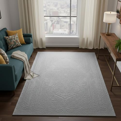 VIMODA Teppich Wohnzimmer Teppich Schlafzimmer, Flur, küche Kurzflor Orient Design Vintage Hoch-Tief-Effekt Modern 3D Weich,Maße:160 x 230 cm;Farbe:L.Grey