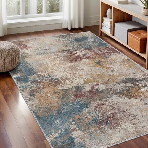 GENIMO - Tappeto Antiscivolo Moderno Astratto - 120x170cm - Corto Pile - Per Ambienti Eleganti e Comfort - Perfetto per Soggiorno - Arancione Blu