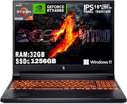 acer Nitro V16 Notebook, pc portatile Gaming Ryzen 7 8845HS, Ram 32Gb DDR5 Ssd 1256 GB NVMe, Display 16 WUXGA IPS 165 Hz, NVIDIA GeForce RTX 4060 8 GB, tastiera retroilluminata, Windows 11 Pro