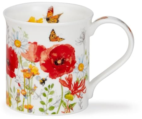 Dunoon Bute Meadow Breeze Tasse en porcelaine anglaise avec coquelicots rouges abeilles et papillons Rouge 0,3 l