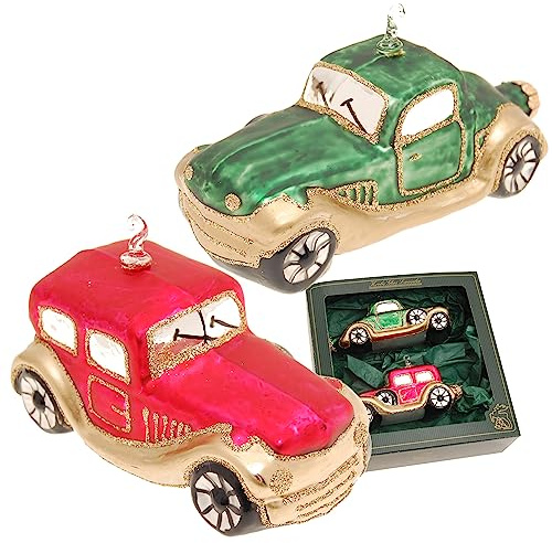 Krebs Glas Lauscha - Christbaumschmuck/Weihnachtsbaumanhänger aus Glas - Motiv: Retro Auto - Farben: Rot und Grün - Menge: 2 Stück - Größe: 13-14 cm