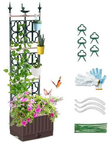 MQJIAZHI Raised Garden Bed with Metal Trellis,142CM Self-Watering Raised Garden Planter, Outdoor Plant Planter with Trellis for Climbing Plants, Flowers, Vegetables