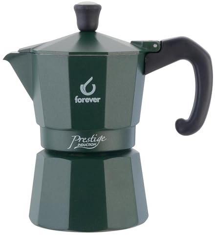 FOREVER Caffettiera Moka per Induzione, Miss Moka Prestige Induction 'All Green', Caffettiera Moka per Casa, Caffettiera Portatile per Viaggio, inclusa Guarnizione in Silicone (3 Tazze)