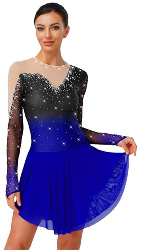 Linjinx kürkleider Eiskunstlauf Kleid Damen Kürkleid Rollkunstlauf Langarm Strass Ballettkleid Gymnastikbody Mit Chiffon Rock Tanzanzug