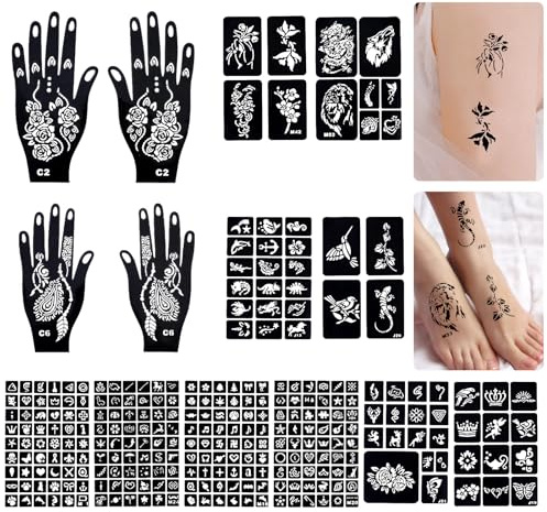 14 Blätter Henna Tattoo Schablonen, 247 Stück Temporäre Henna Schablonen, Hana Tattoo für Frauen Mädchen, Temporäre Tattoos für Halloween-Party Körperkunst Body Art Paint