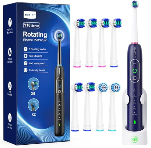 Rotating Electric Toothbrush with 8 Brush Heads for Adults and Kids, 3 Intensities 5 Modes, Wireless Wall Charging Station, Sonic Toothbrush with 2-Minute Smart Timer (Blue)