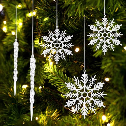 32 Stück Weihnachtsbaumschmuck, Schneeflocken und Eiszapfen Christbaumschmuck, Weihnachtsbaum Deko für Winterfest, Weihnachtskugeln Glas Effekt