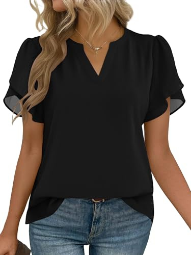 Zeagoo Work Shirts for Women Dressy Casual Short Sleeve V Neck Work Blouse Business Casual Summer Chiffon Tops Black