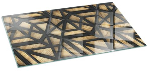 Eldstad golvskydd glas tryck | kaminplatta dekorativ | härdat värmebeständig panel | gnistskydd braskamin | stilrent hem - 100x50cm - rektangel - Geometri med trä