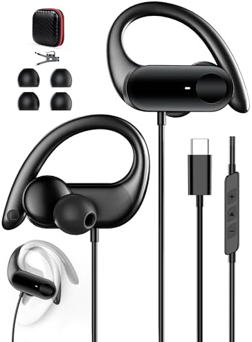 AIAUXAI Auriculares USB C para iPhone 17 16 Pro MAX 15, Gancho Auricular | Micrófono y Control Volumen Estéreo HiFi Auriculares In Ear con Cable para Samsung Galaxy S26 S25 S24 S23 A56 A17 para Google