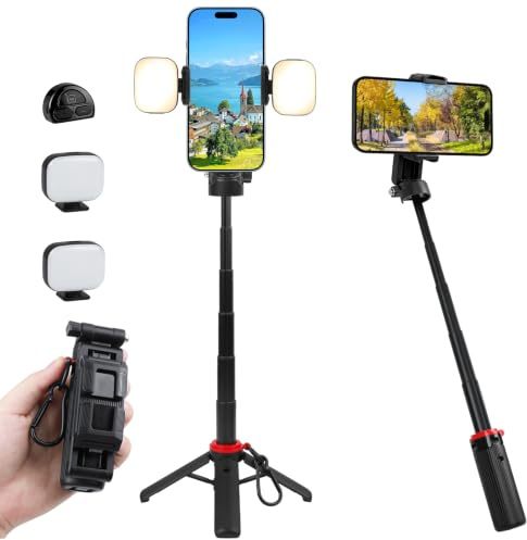Selfie Stick Stativ mit Zoom Funktion, Handy Stativ mit Fernauslöser | 2 Fülllicht 360° Drehbar, Aluminium Teleskopstange, kompatibel mit iPhone 17 16 15 Pro Max, Samsung S26, S25 Vlog/Fot