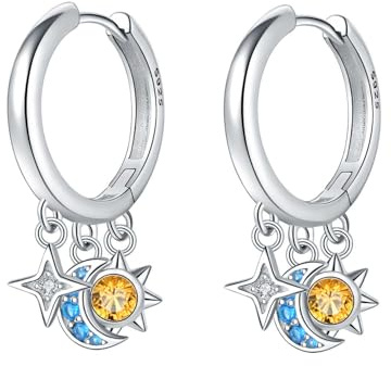 PANPOKI 925 Sterling Silver Star & Moon Chunky Hoop Earrings with Sparkle CZ Zircon Fine Women Lightweight Jewelry With Gift Box For Mom Birthday Gift (Star & Moon Drop earrings)
