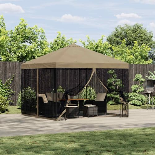 Kaloriko Tonnelle de Jardin 3 x 3 m Beige en Polyester et Acier, auvent avec 4 parois latérales, Toit déperlant à Drainage, Ventilation Double Niveau, abri extérieur pour terrasse Patio Jardin